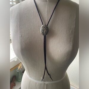 Unisex Homemade bolo tie with genuine leather rope and polished agate.